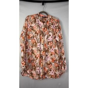 Lands End Linen Tropical Floral Shirt Womens XL 18 Orange Pink Button Down
